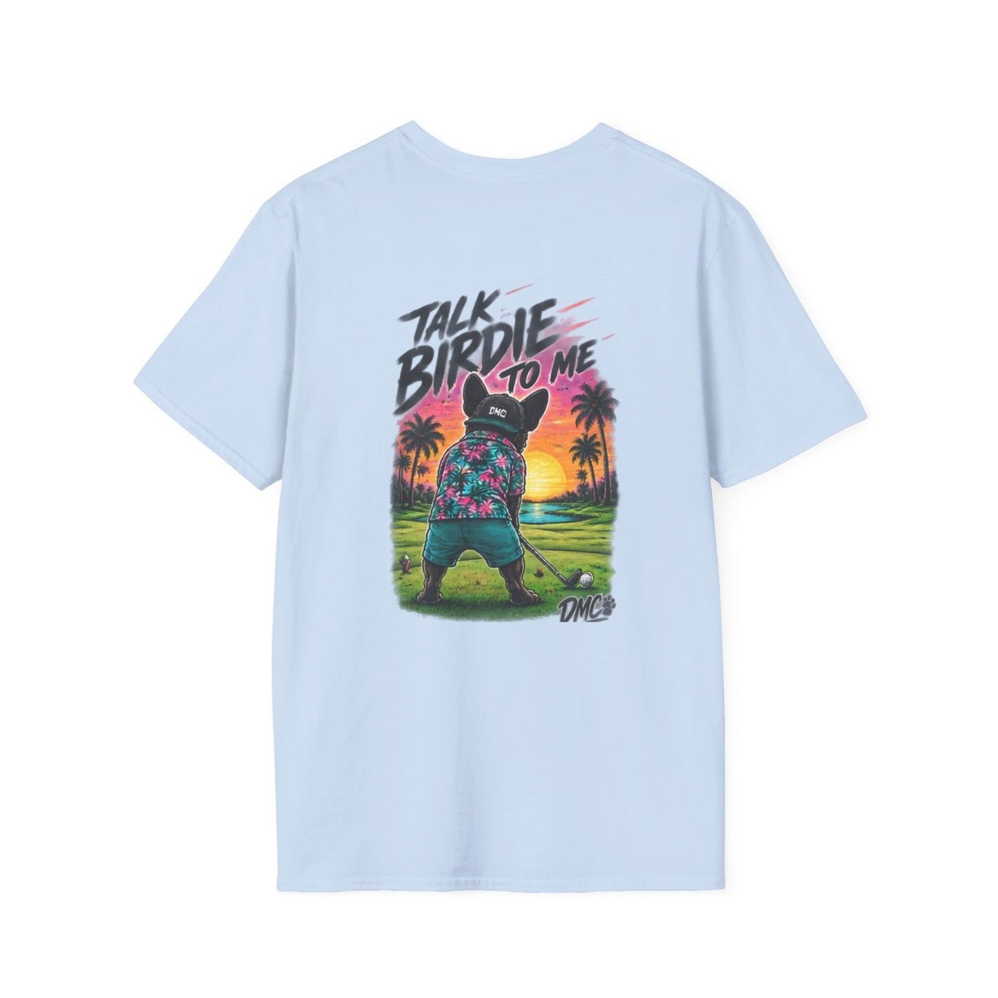 Frenchie Golf Tropical Logo Tee — Retro Palm Sunset Chest Print