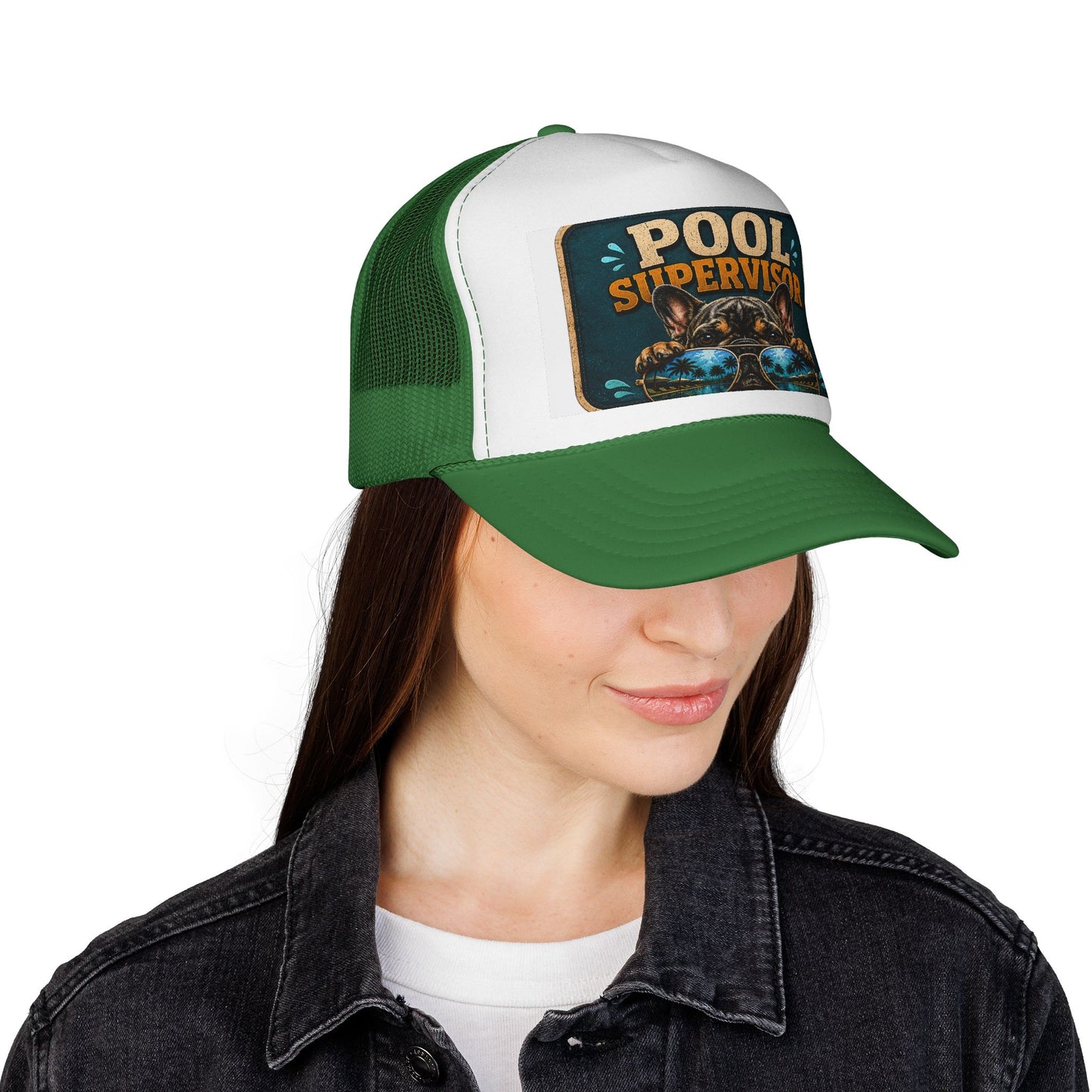 Pool Supervisor Trucker Cap — Funny Dog with Sunglasses Mesh Hat