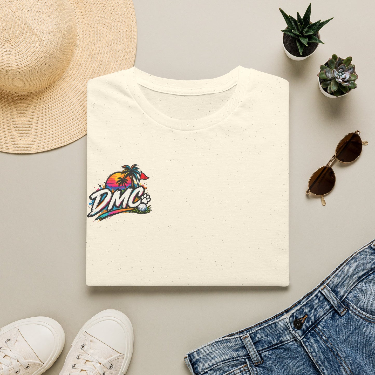 Frenchie Golf Tropical Logo Tee — Retro Palm Sunset Chest Print