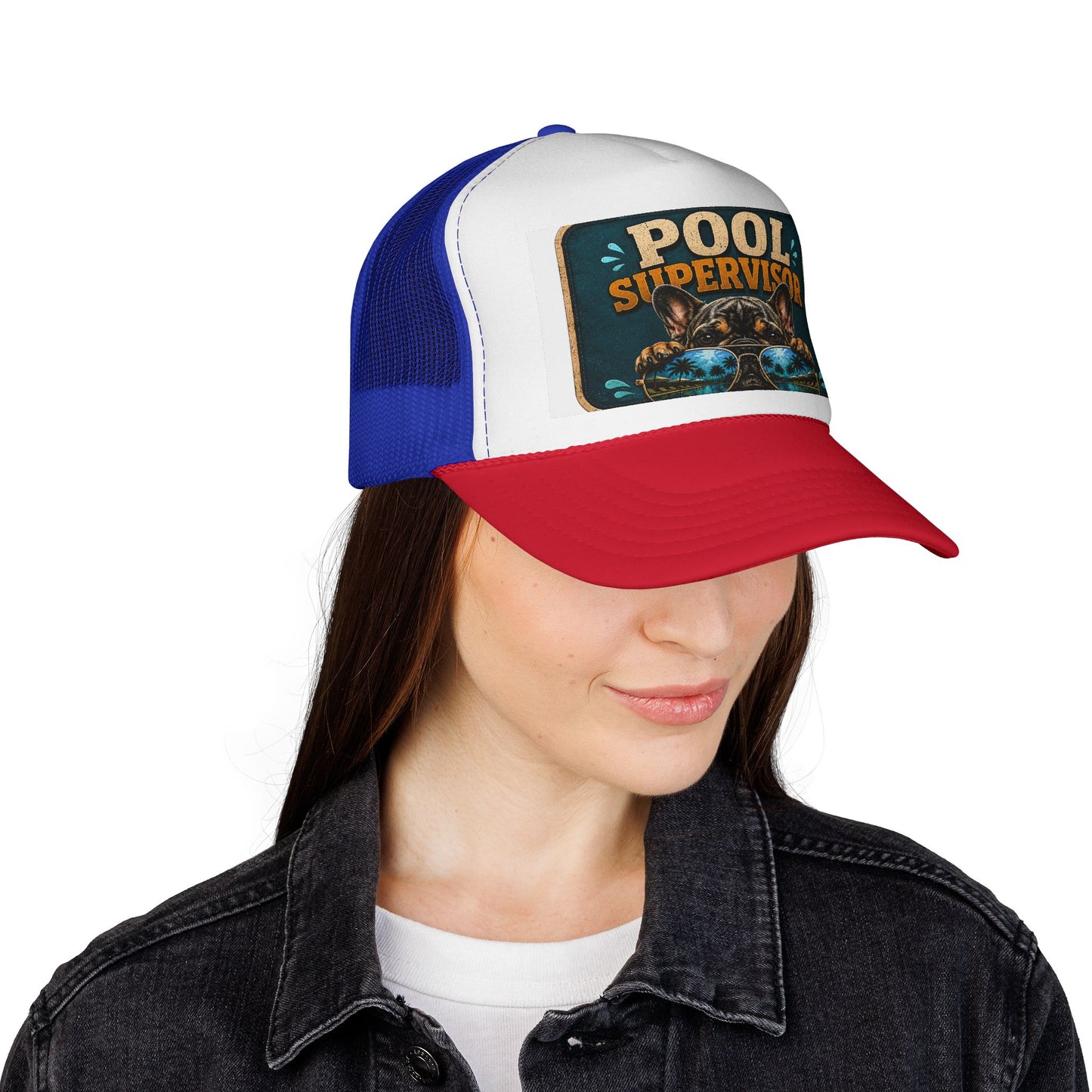 Pool Supervisor Trucker Cap — Funny Dog with Sunglasses Mesh Hat