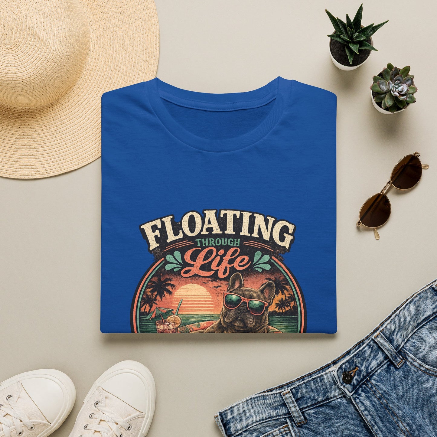 French Bulldog Sunglasses Sunset Ice Cream Float T-Shirt | Beach Vibes
