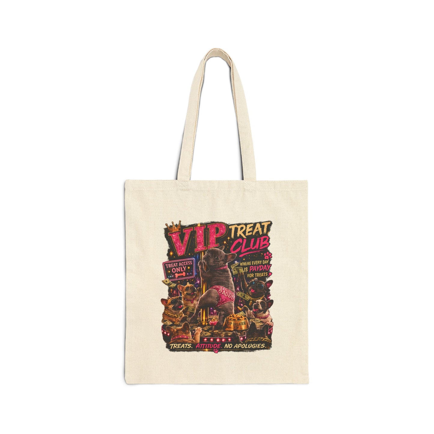 Dancing Frenchie Treats Tote Bag | Funny French Bulldog Illustration