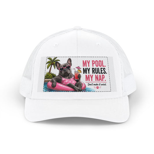 French Bulldog Poolside Snapback Trucker Cap | Pool Float Summer