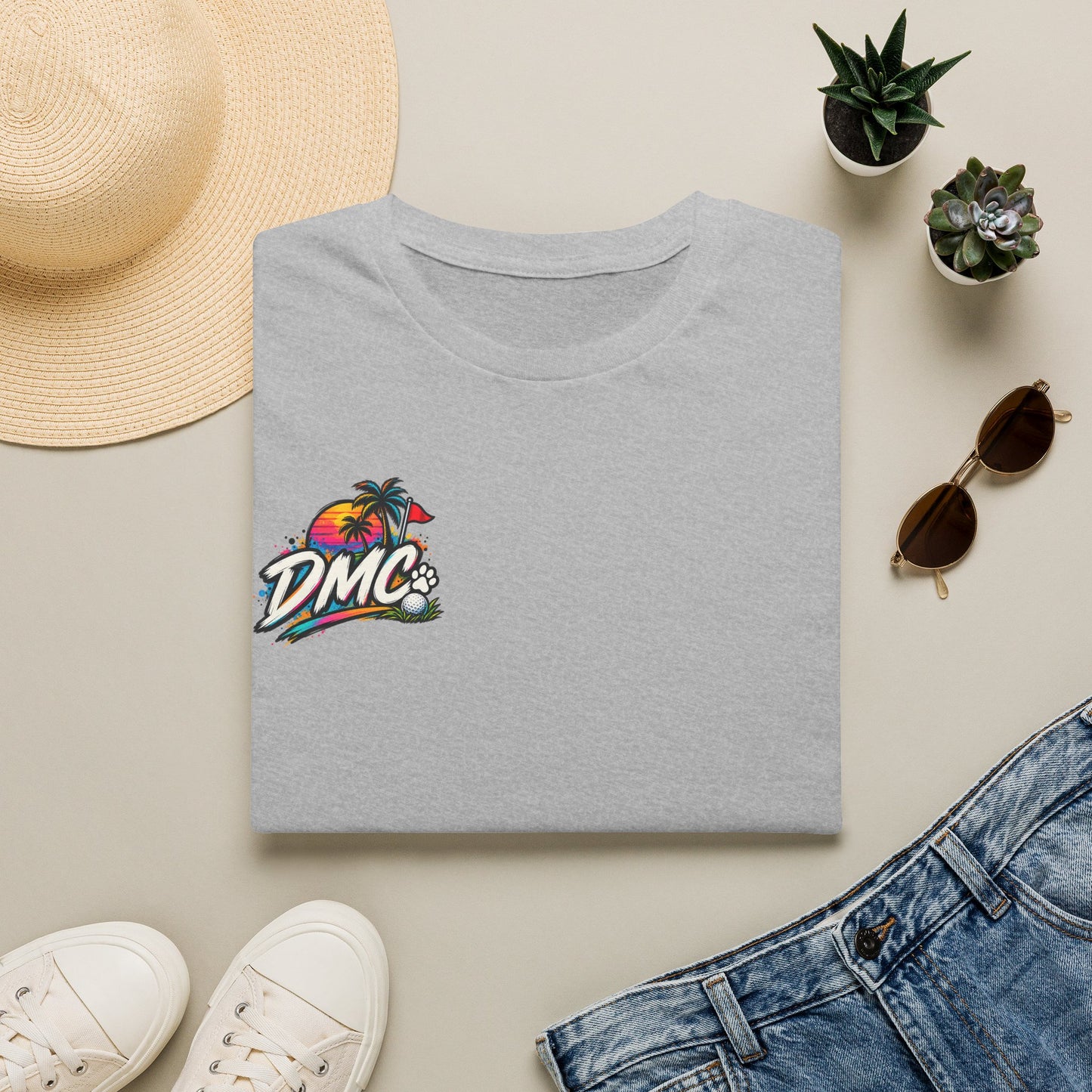 Frenchie Golf Tropical Logo Tee — Retro Palm Sunset Chest Print