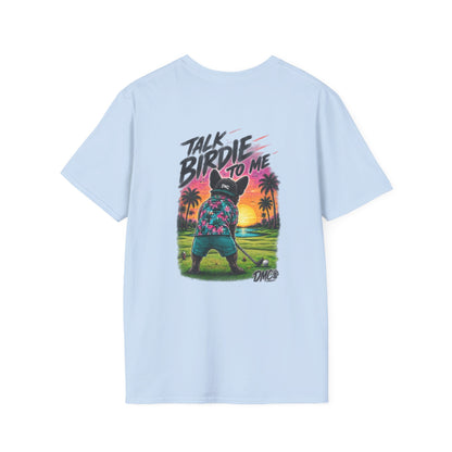 Frenchie Golf Tropical Logo Tee — Retro Palm Sunset Chest Print