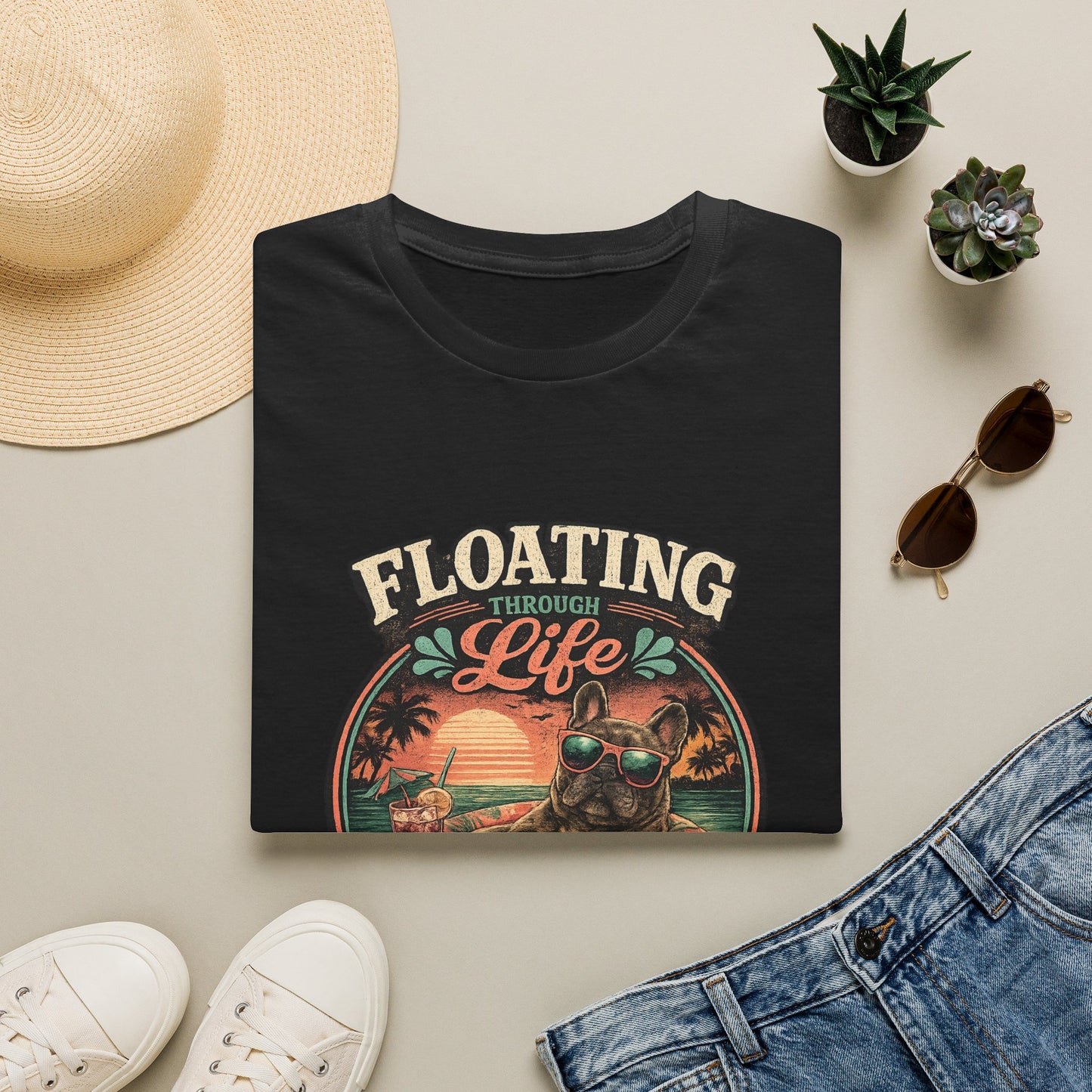 French Bulldog Sunglasses Sunset Ice Cream Float T-Shirt | Beach Vibes