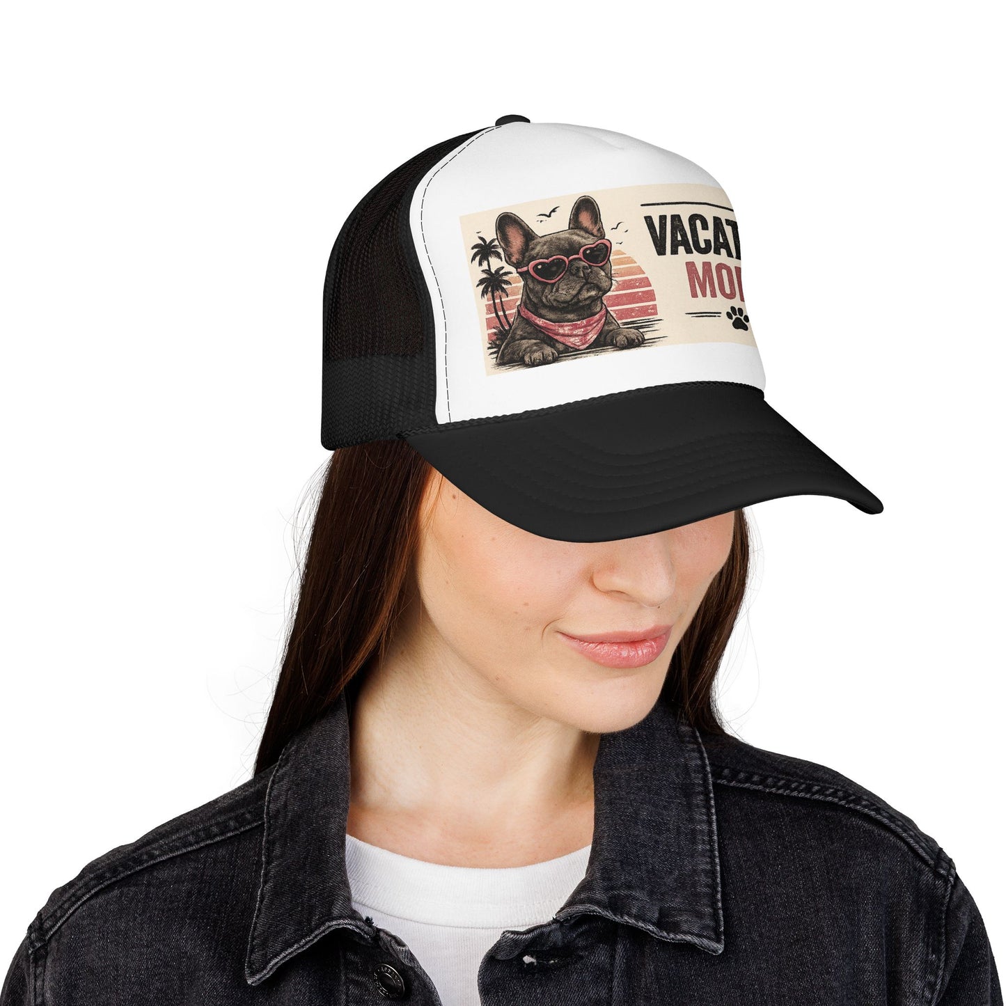 Vacation Mode Trucker Hat - Retro French Bulldog Sunglasses Beach Cap