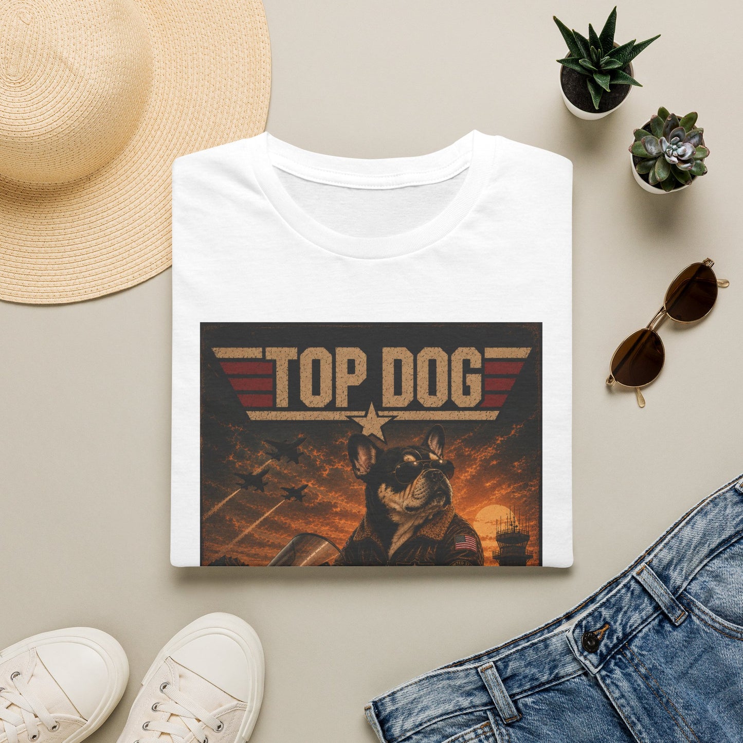 Top Dog Frenchie Tee — French Bulldog on Kawasaki Ninja (Top Gun Style)