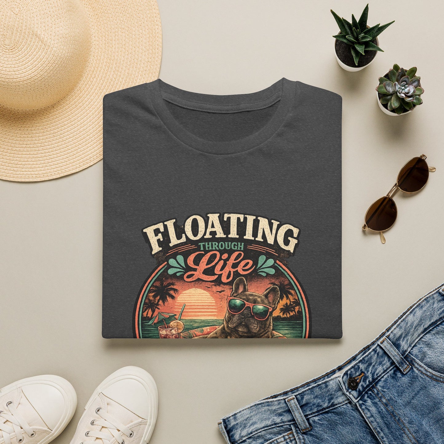 French Bulldog Sunglasses Sunset Ice Cream Float T-Shirt | Beach Vibes