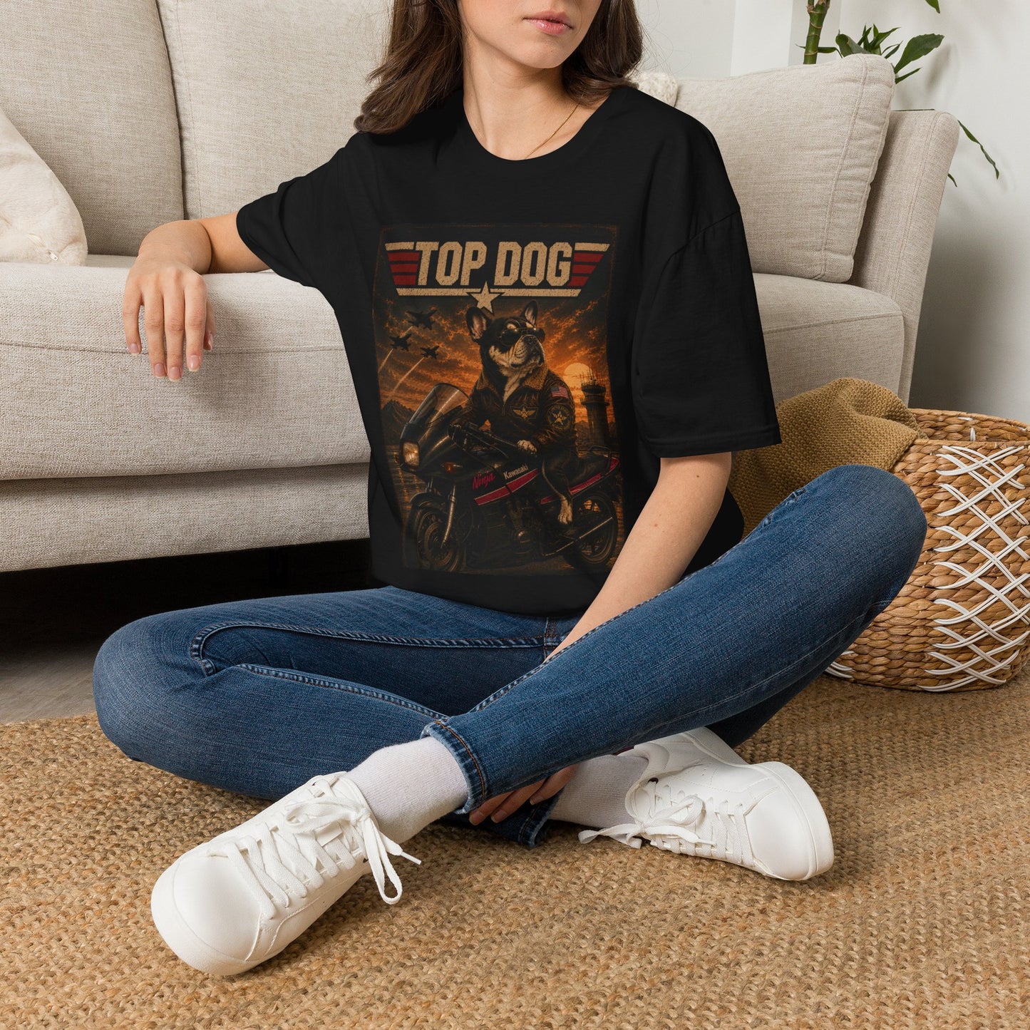 Top Dog Frenchie Tee — French Bulldog on Kawasaki Ninja (Top Gun Style)