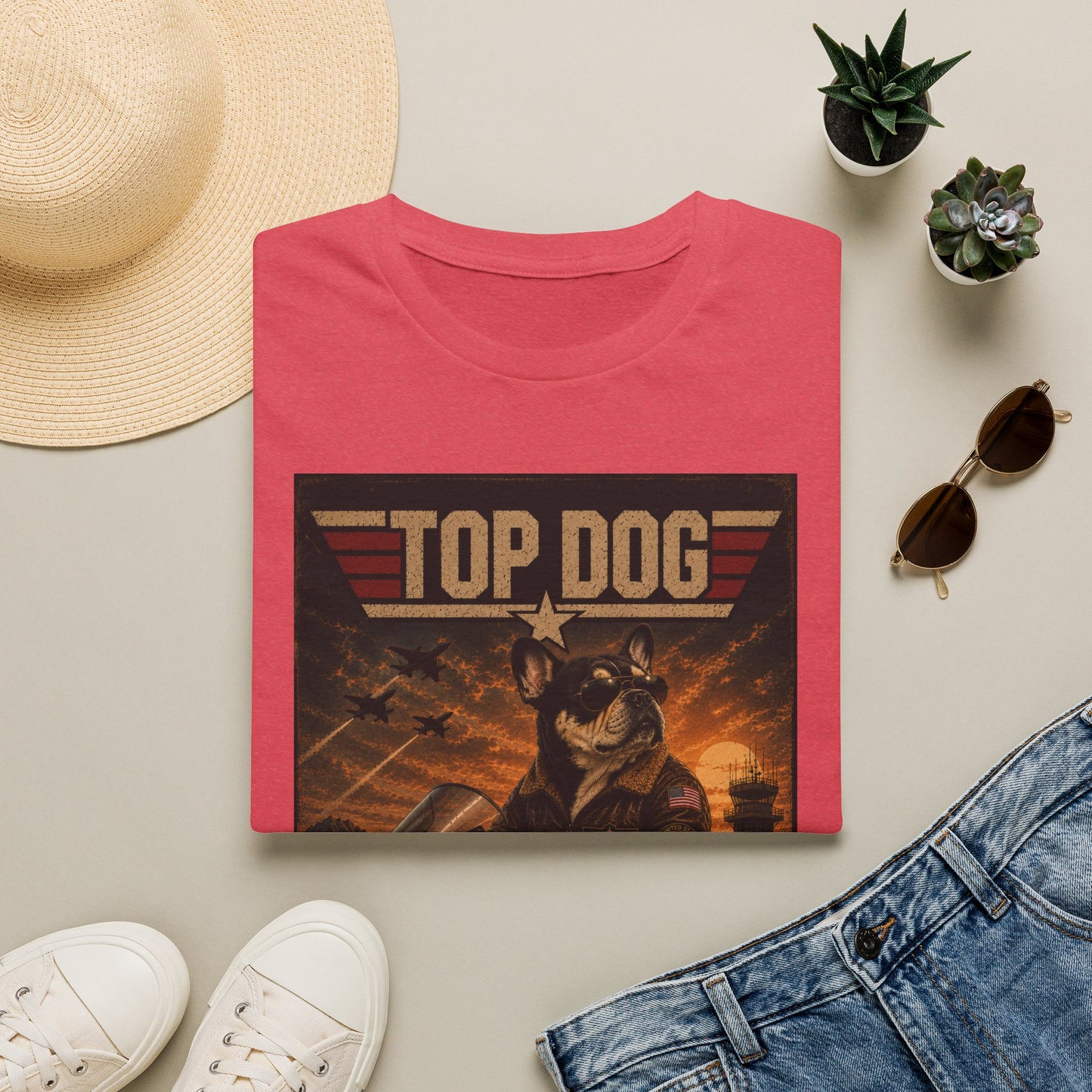 Top Dog Frenchie Tee — French Bulldog on Kawasaki Ninja (Top Gun Style)