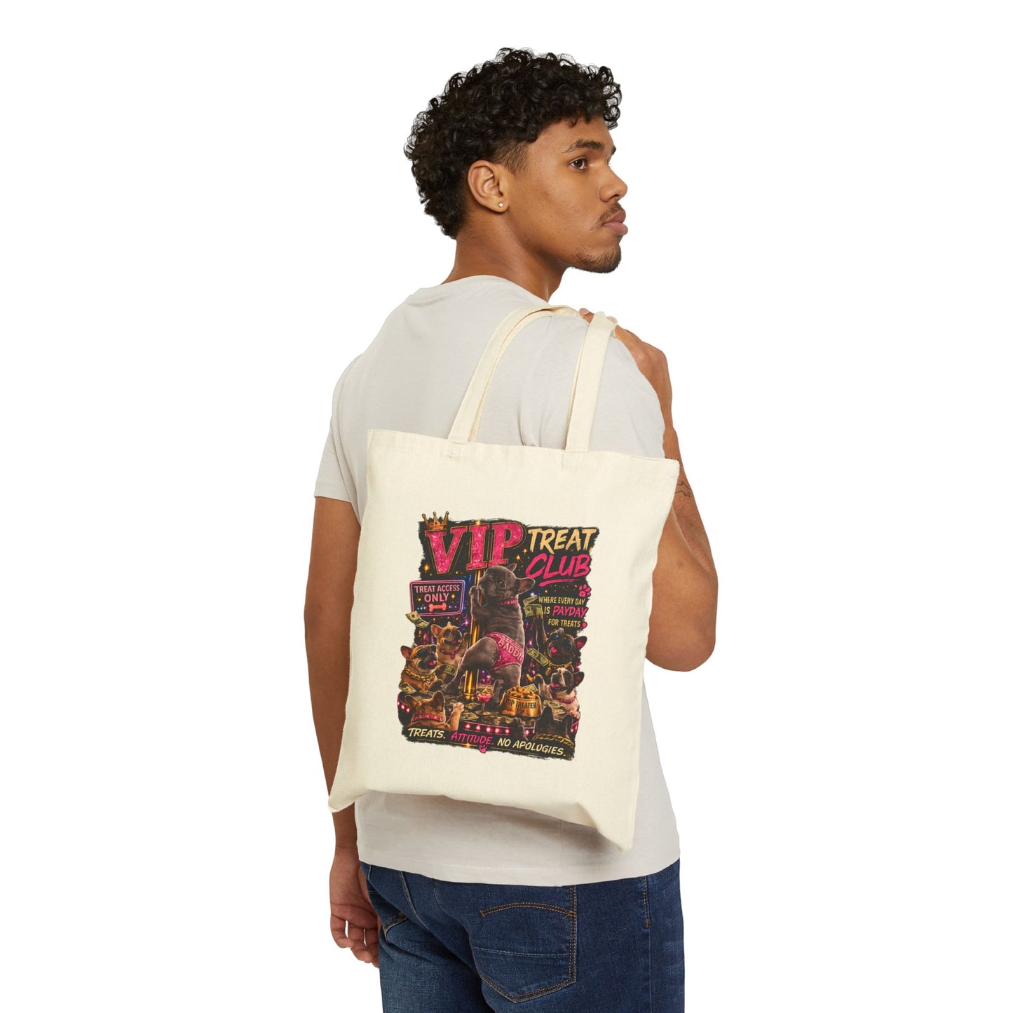 Dancing Frenchie Treats Tote Bag | Funny French Bulldog Illustration