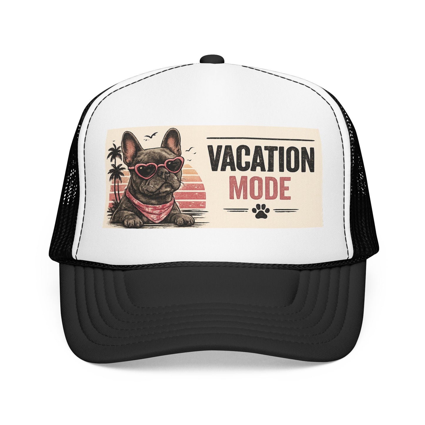 Vacation Mode Trucker Hat - Retro French Bulldog Sunglasses Beach Cap