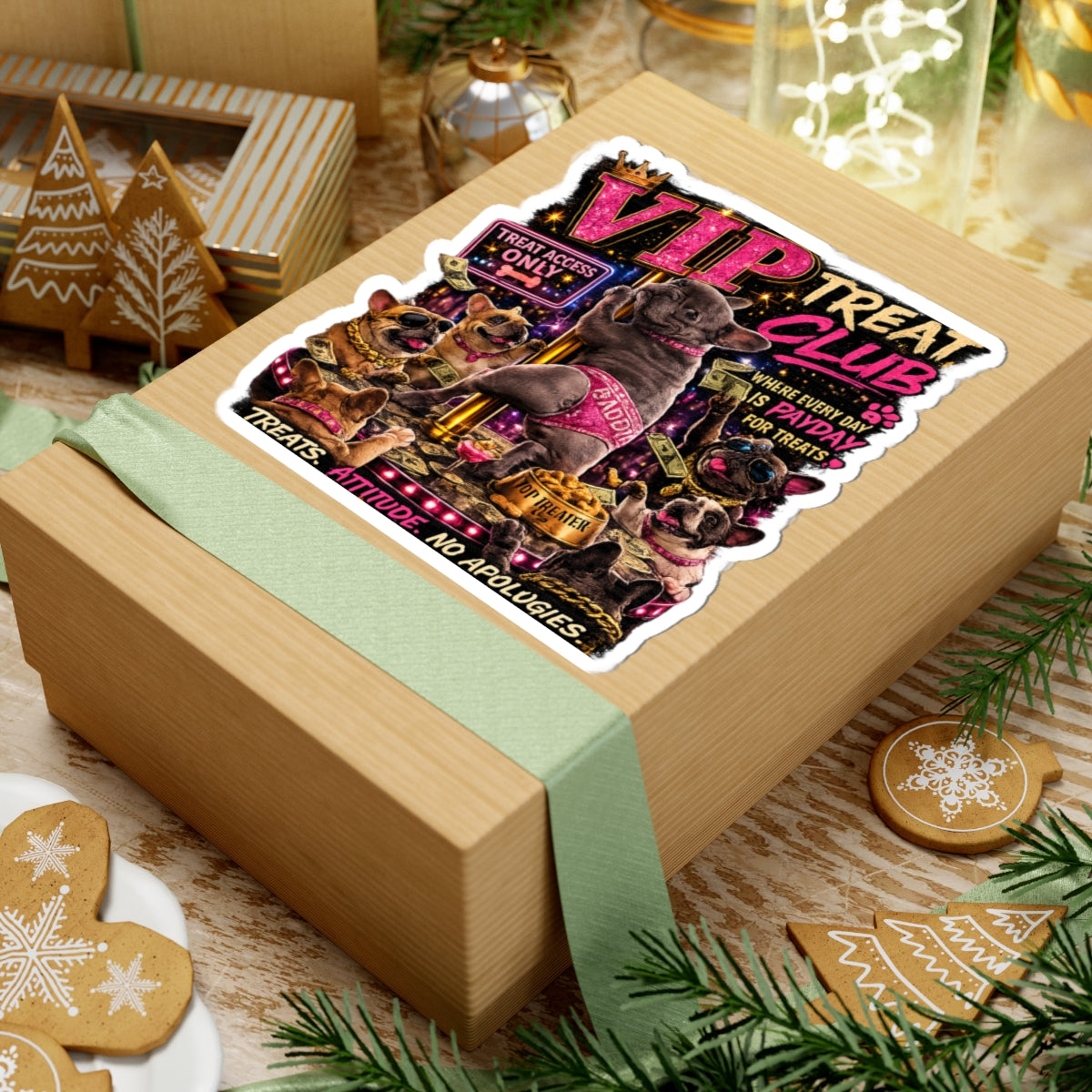 VIP Treat Club Sticker | French Bulldog Pole Dance, Sassy Pet Humor Kiss-Cut
