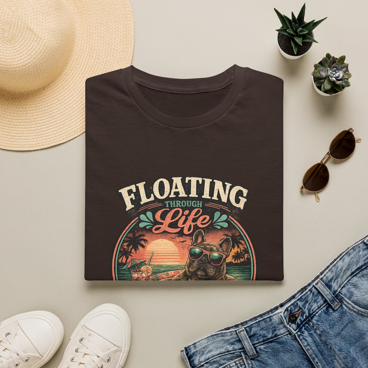 French Bulldog Sunglasses Sunset Ice Cream Float T-Shirt | Beach Vibes