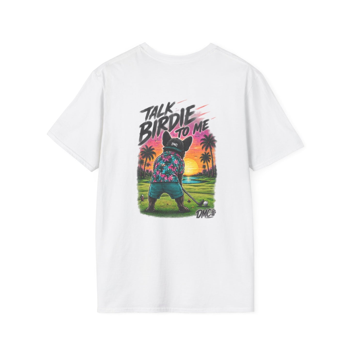 Frenchie Golf Tropical Logo Tee — Retro Palm Sunset Chest Print