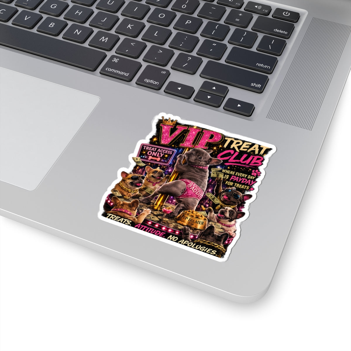 VIP Treat Club Sticker | French Bulldog Pole Dance, Sassy Pet Humor Kiss-Cut
