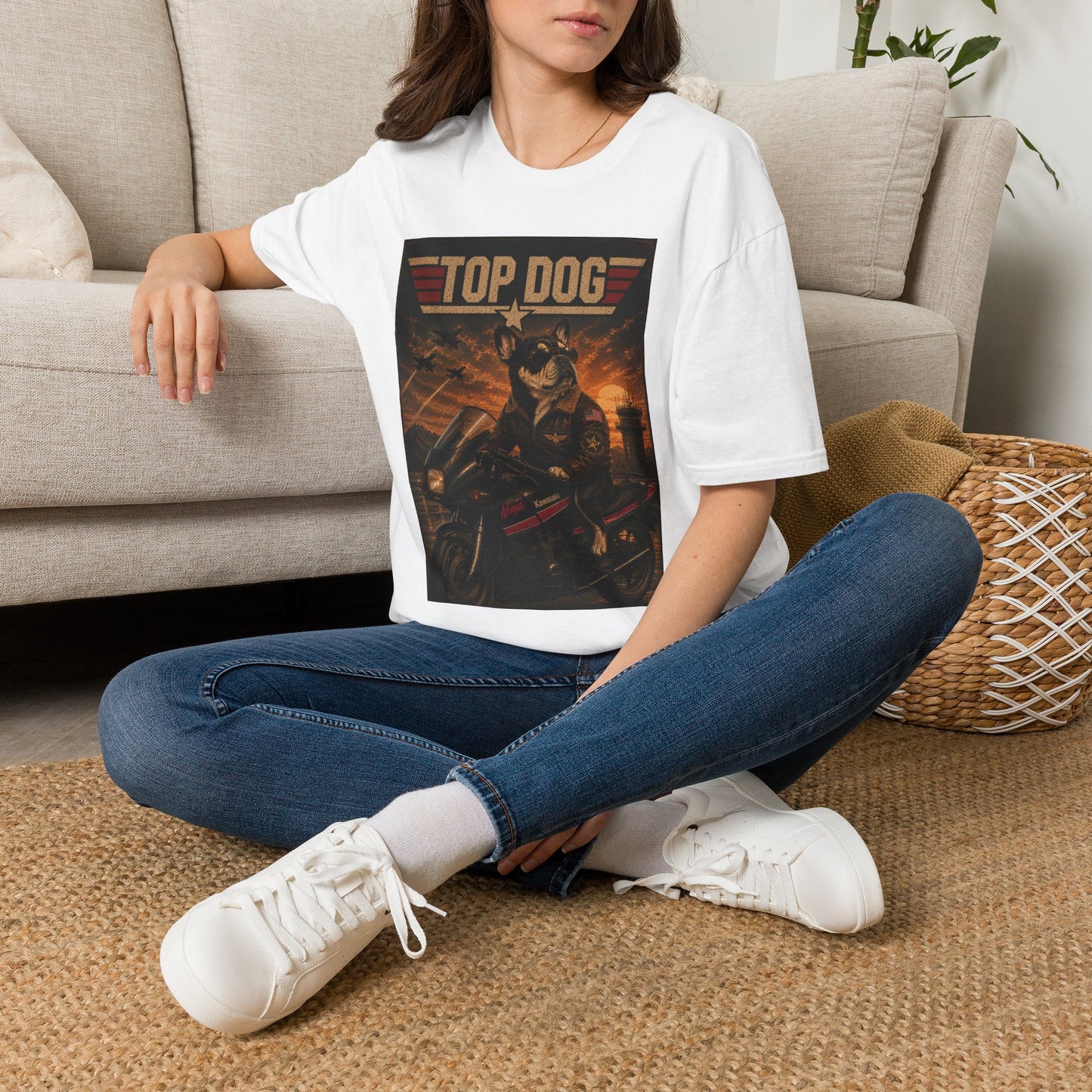 Top Dog Frenchie Tee — French Bulldog on Kawasaki Ninja (Top Gun Style)