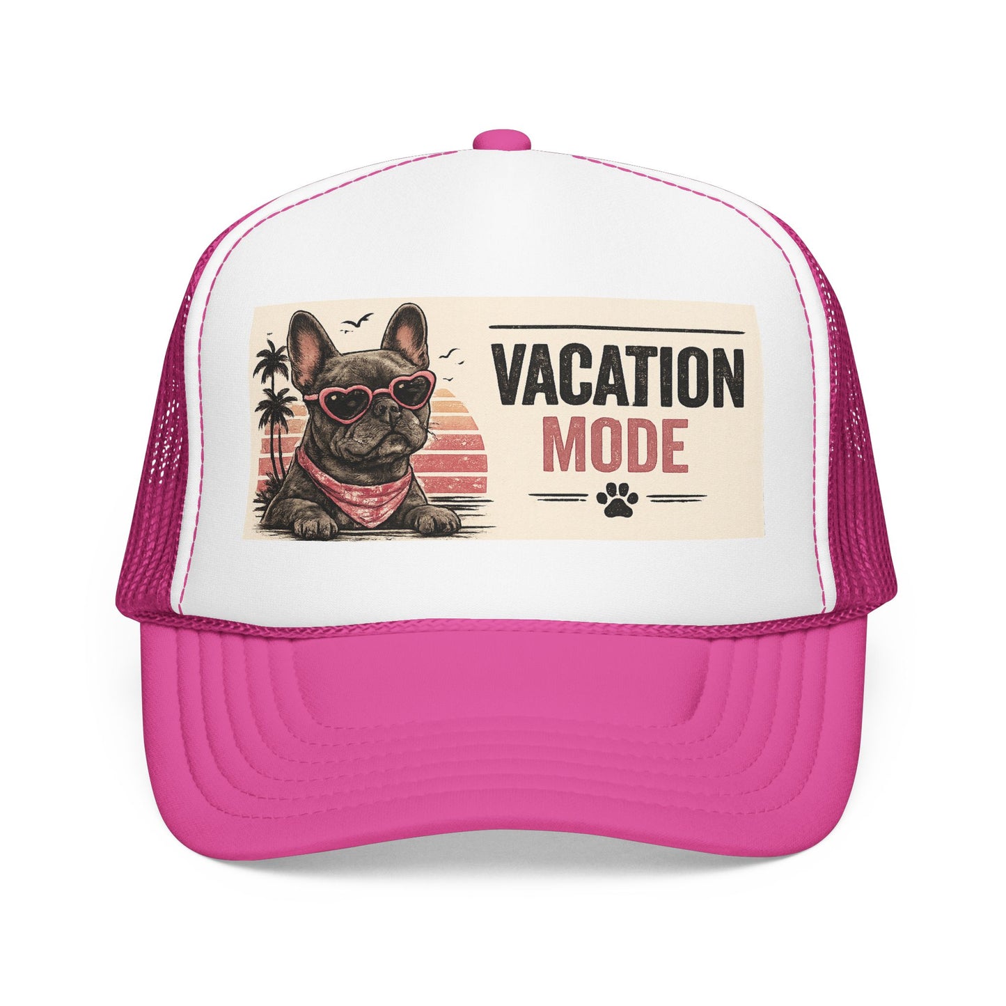 Vacation Mode Trucker Hat - Retro French Bulldog Sunglasses Beach Cap