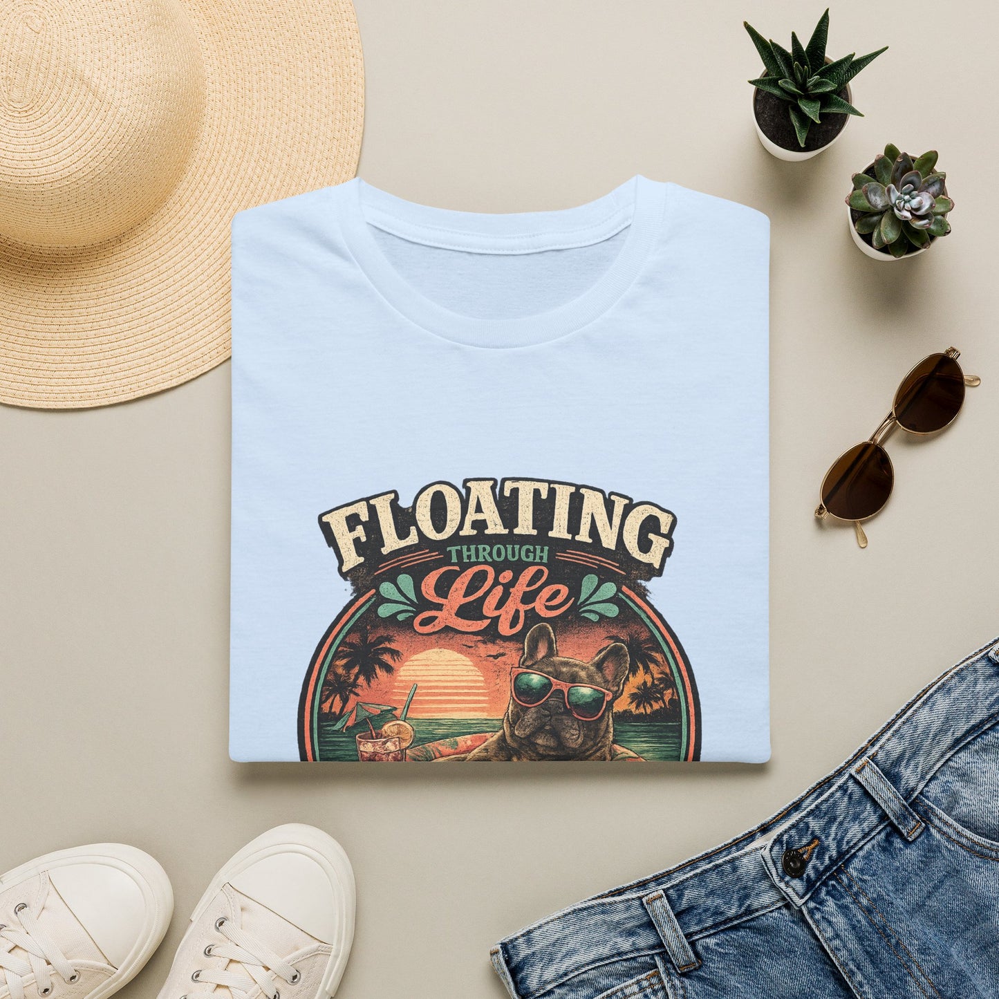 French Bulldog Sunglasses Sunset Ice Cream Float T-Shirt | Beach Vibes