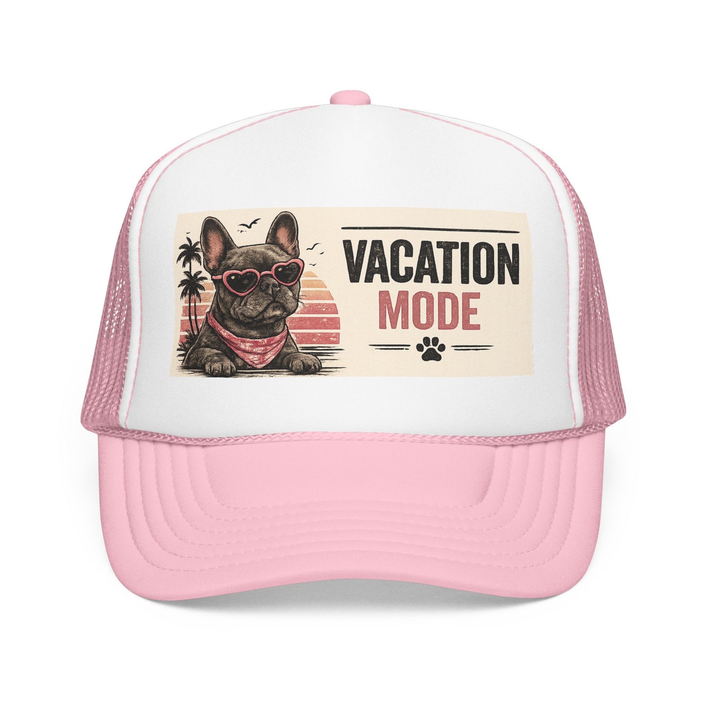 Vacation Mode Trucker Hat - Retro French Bulldog Sunglasses Beach Cap
