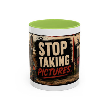 Stop Taking Pictures Throw the Ball Coffee Mug — Funny Dog Lover Accent Mug