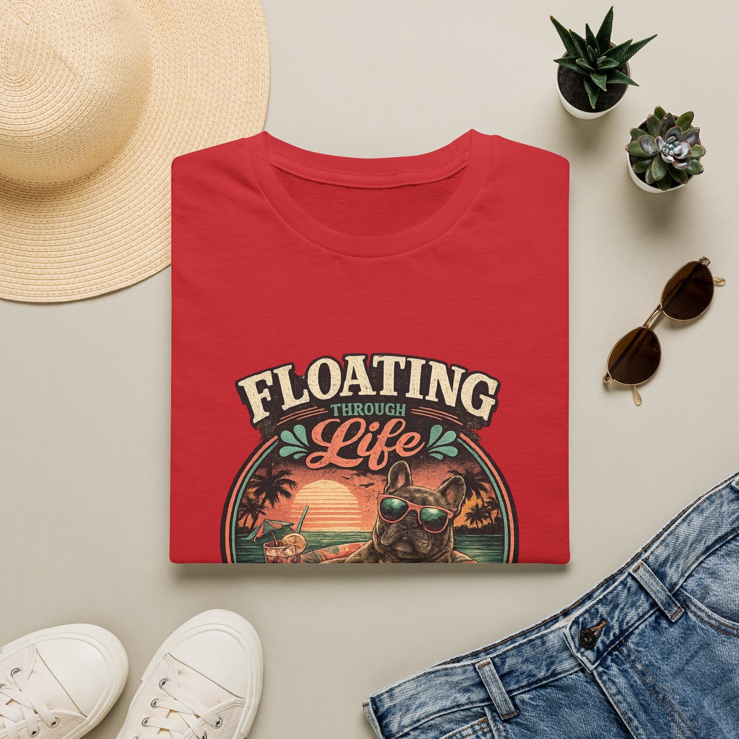 French Bulldog Sunglasses Sunset Ice Cream Float T-Shirt | Beach Vibes