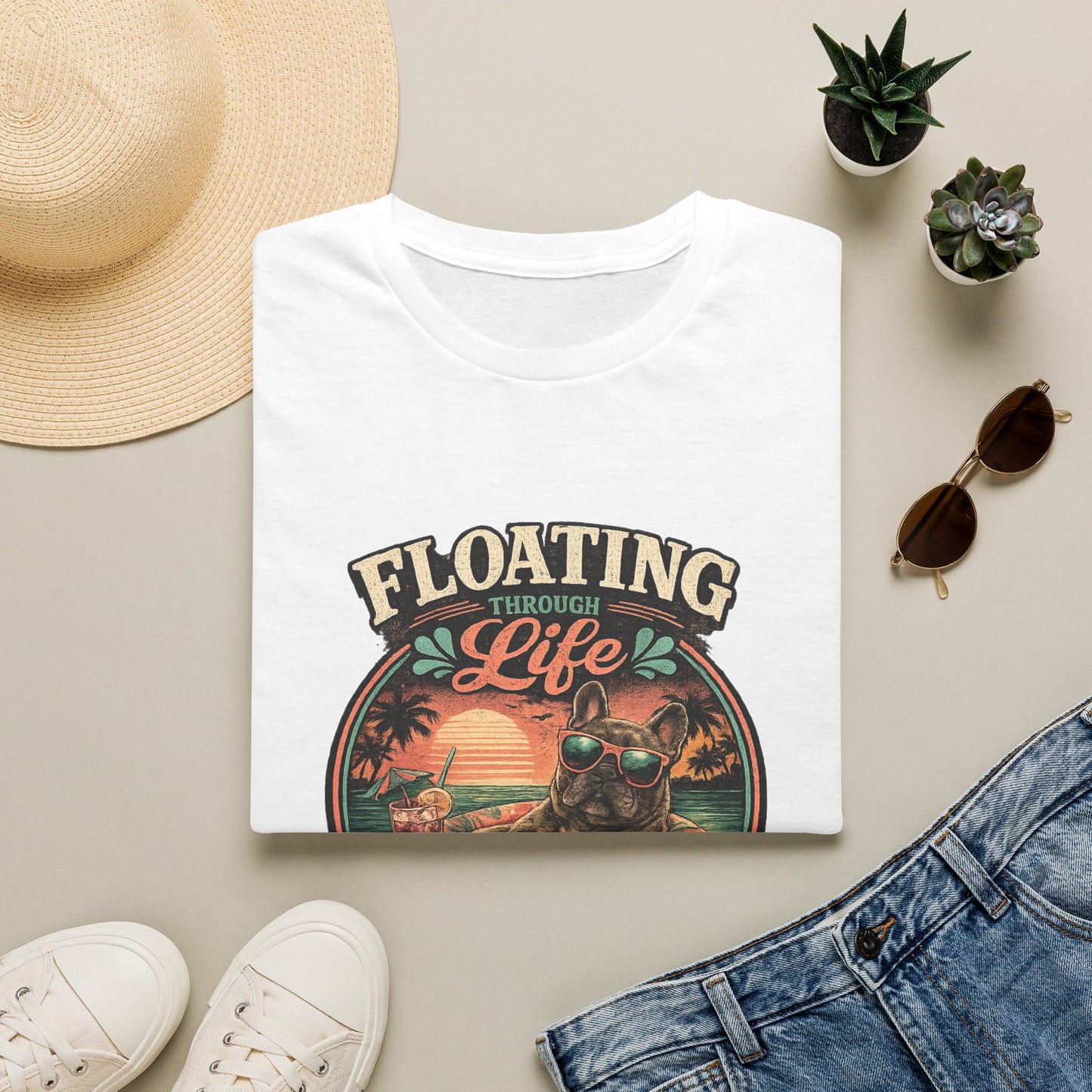 French Bulldog Sunglasses Sunset Ice Cream Float T-Shirt | Beach Vibes