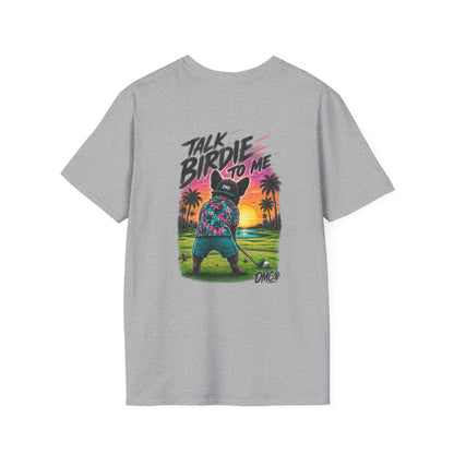 Frenchie Golf Tropical Logo Tee — Retro Palm Sunset Chest Print