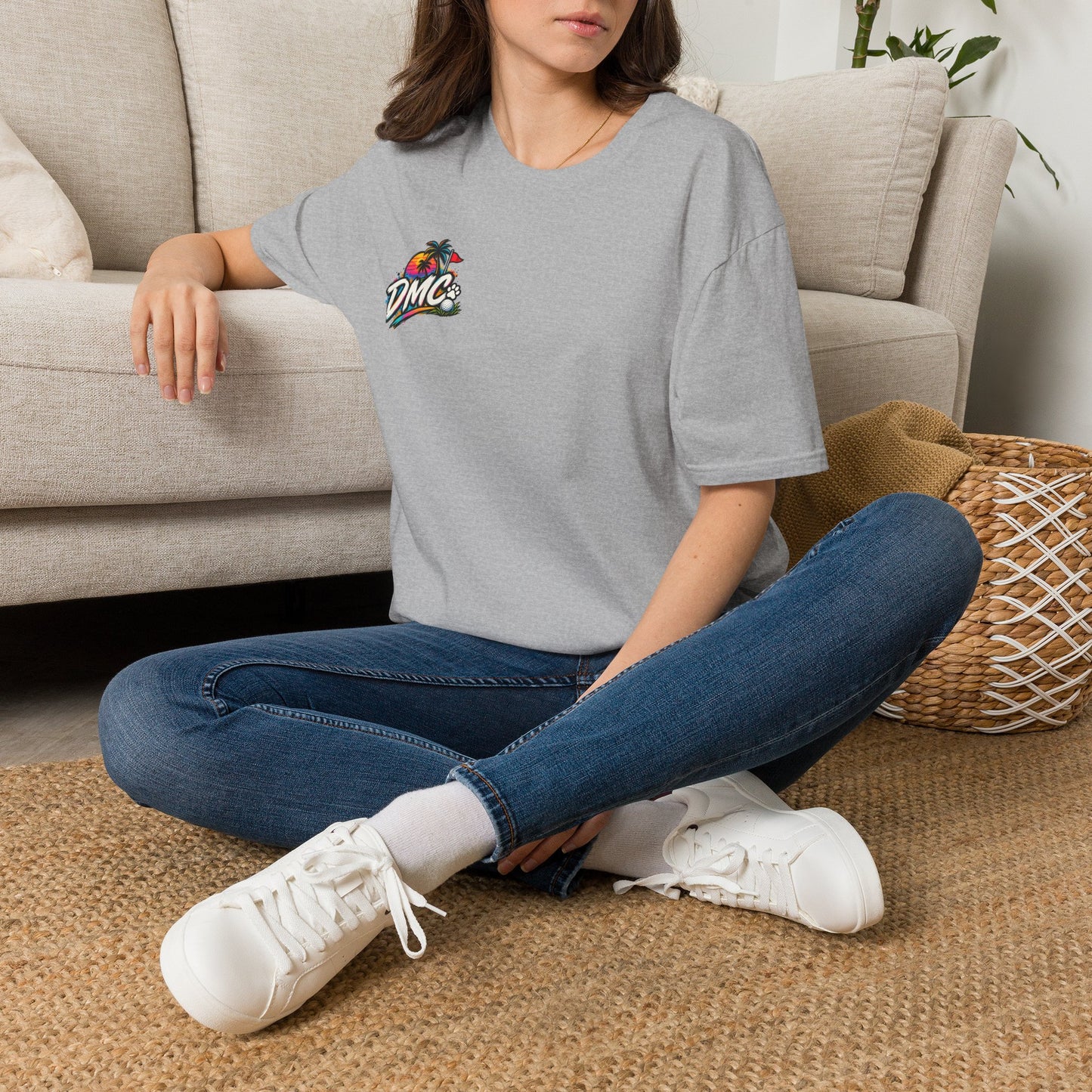 Frenchie Golf Tropical Logo Tee — Retro Palm Sunset Chest Print