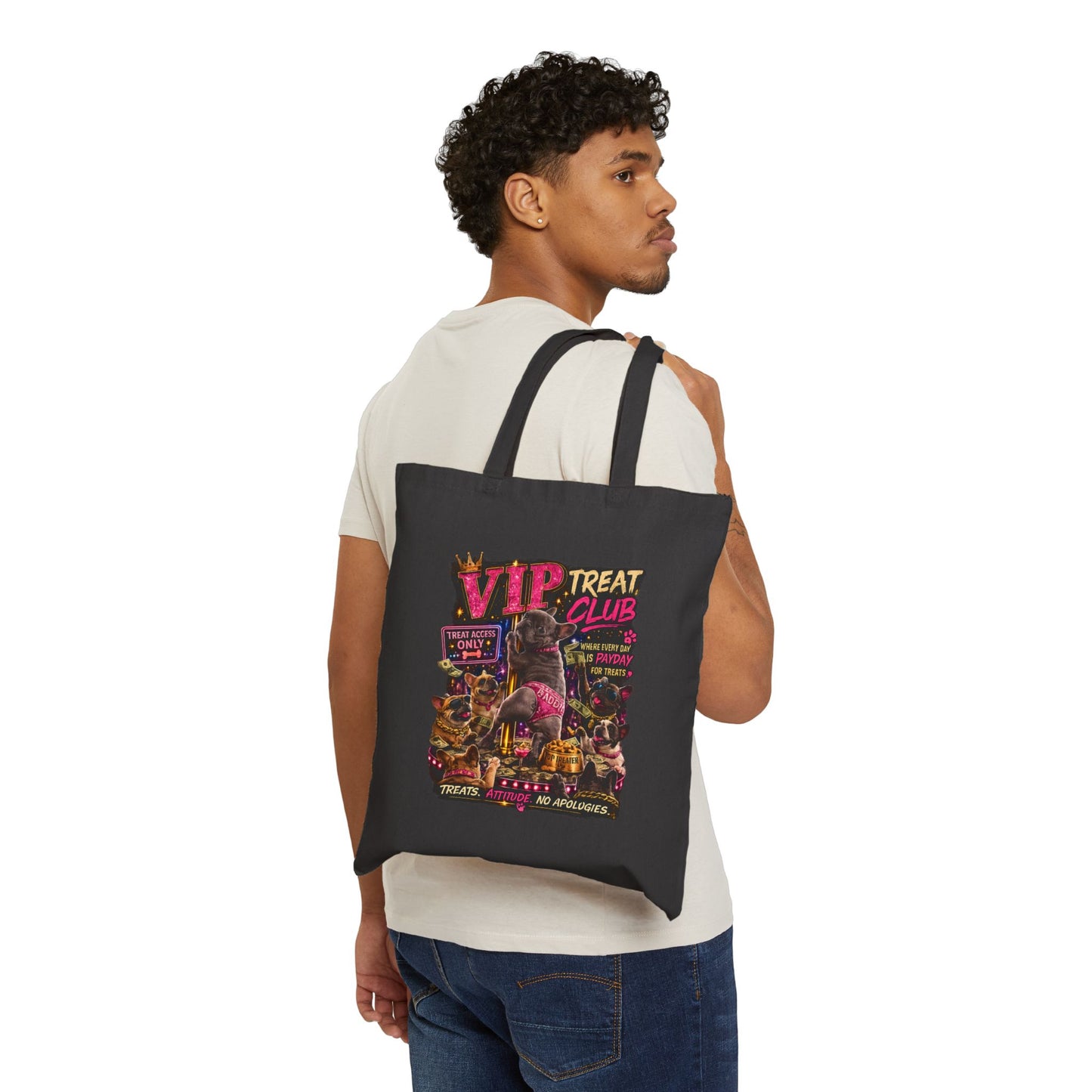 Dancing Frenchie Treats Tote Bag | Funny French Bulldog Illustration