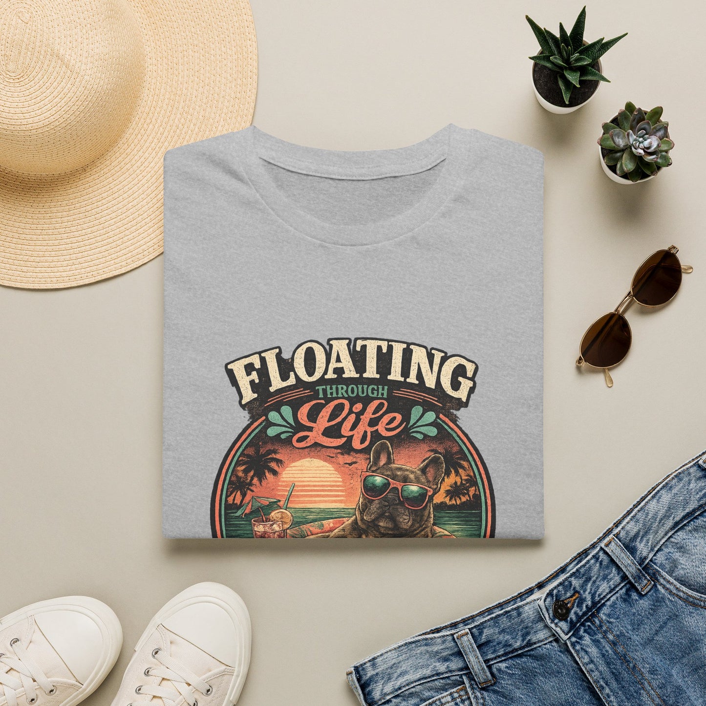 French Bulldog Sunglasses Sunset Ice Cream Float T-Shirt | Beach Vibes