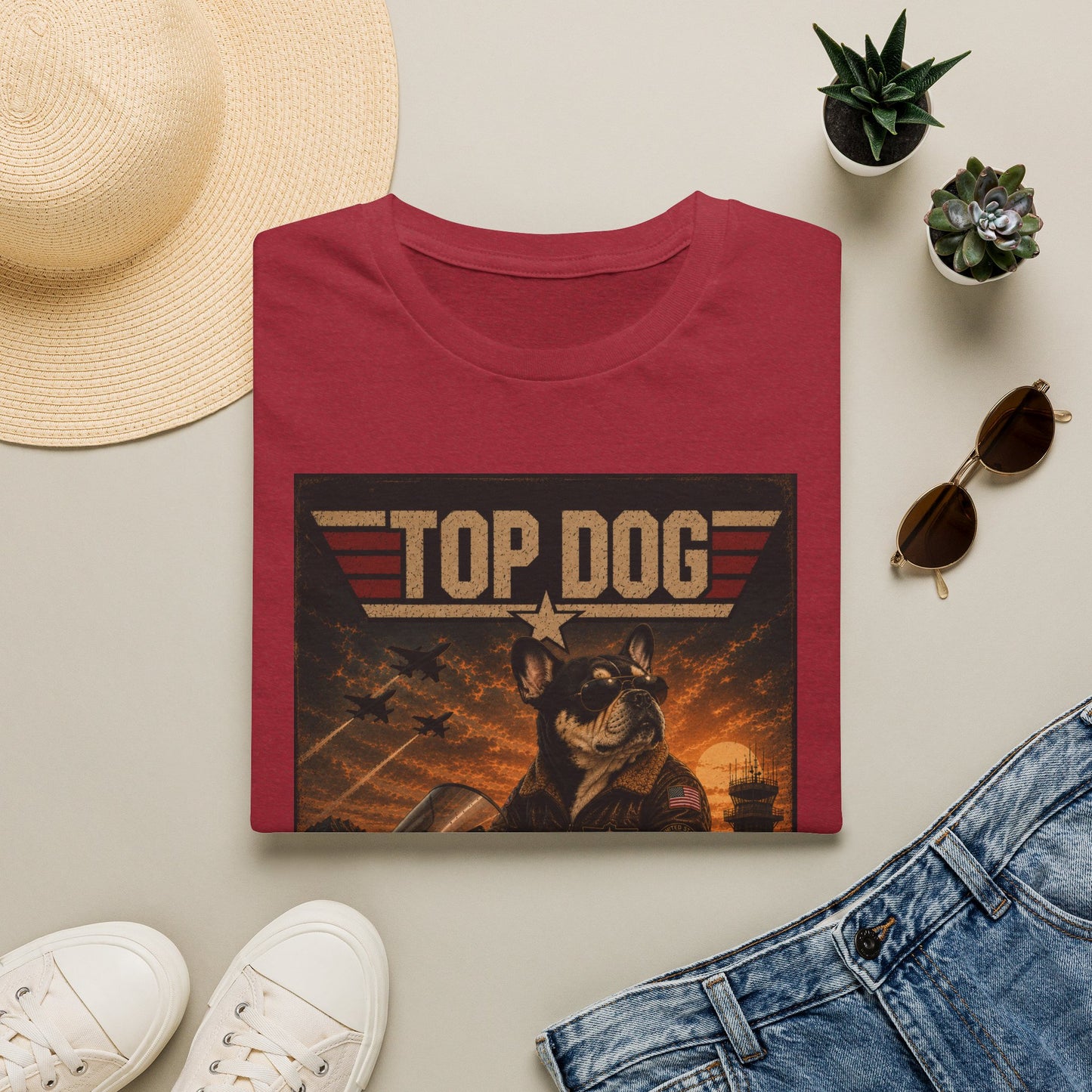 Top Dog Frenchie Tee — French Bulldog on Kawasaki Ninja (Top Gun Style)