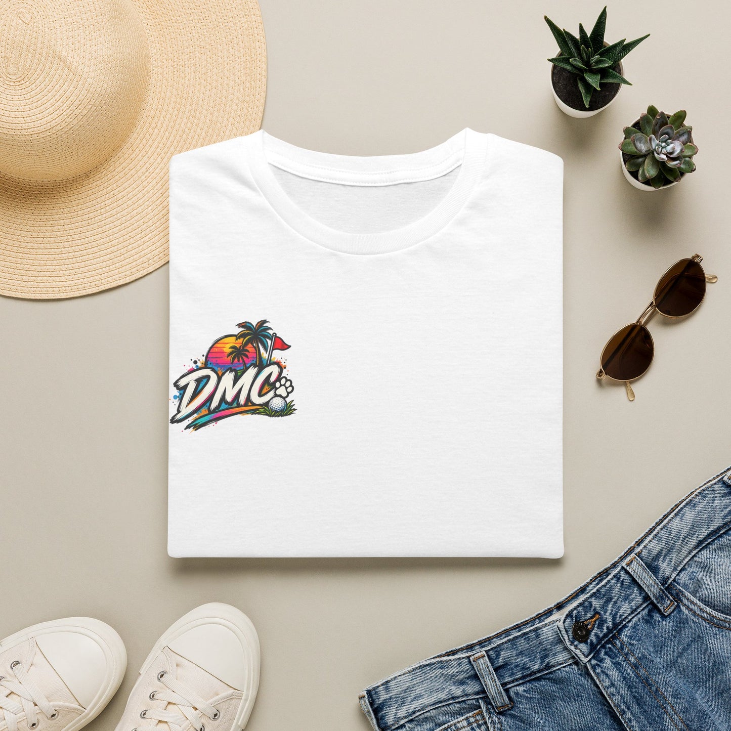 Frenchie Golf Tropical Logo Tee — Retro Palm Sunset Chest Print
