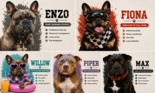 A collage of five illustrated French bulldog character cards labeled Enzo, Fiona, Willow, Piper, and Max, each with a dog portrait, stylized text, and small bullet points on a beige background.